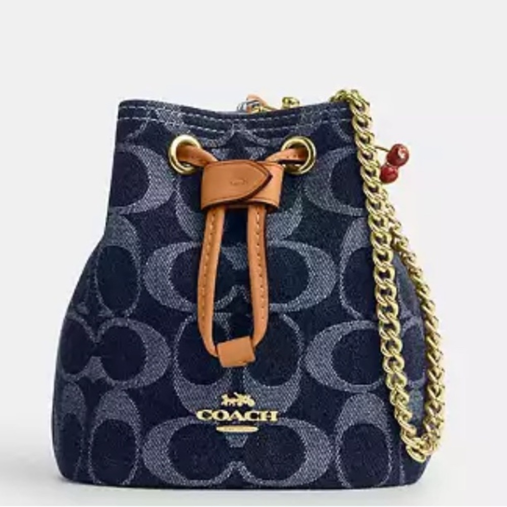 ❌SOLD❌Coach Signature Denim Drawstring Wristlet with Cherry Charm CZ031